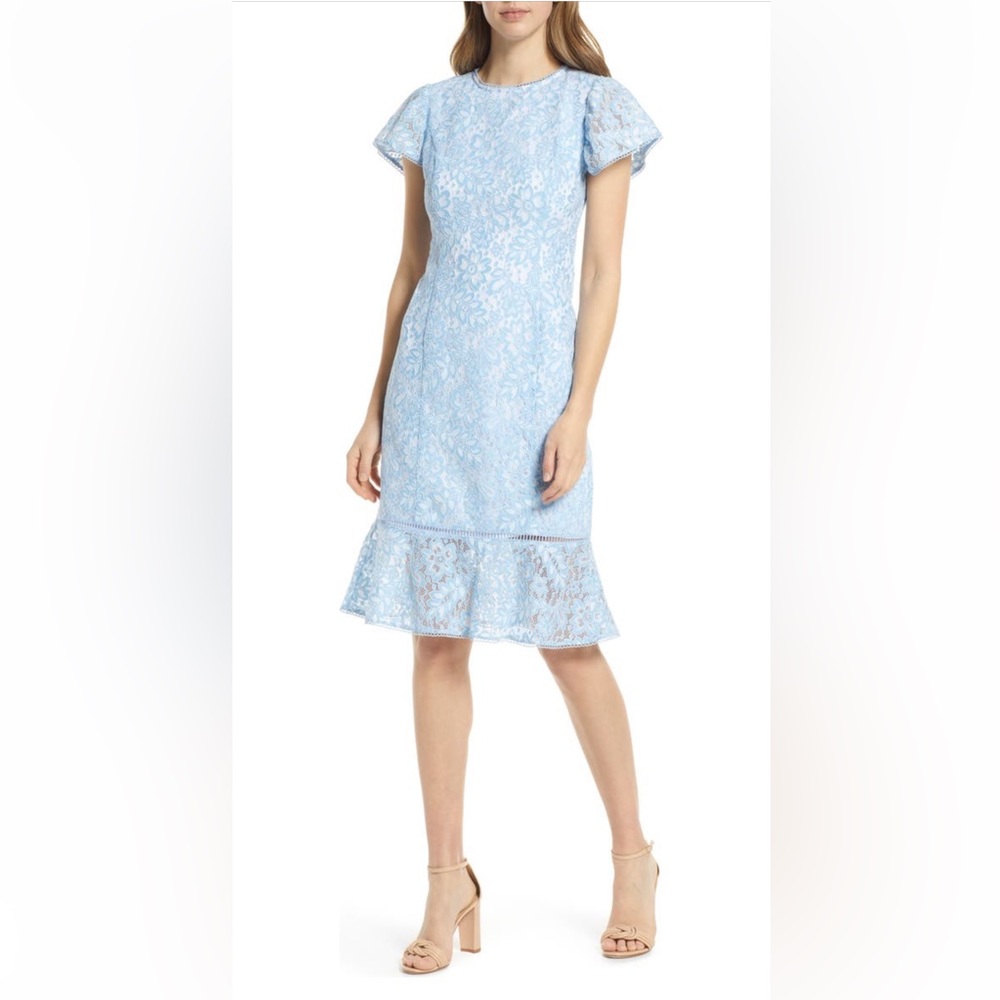 Rachel Parcell Short Sleeve Lace Sheath MIDI Dress with Ruffle Hem